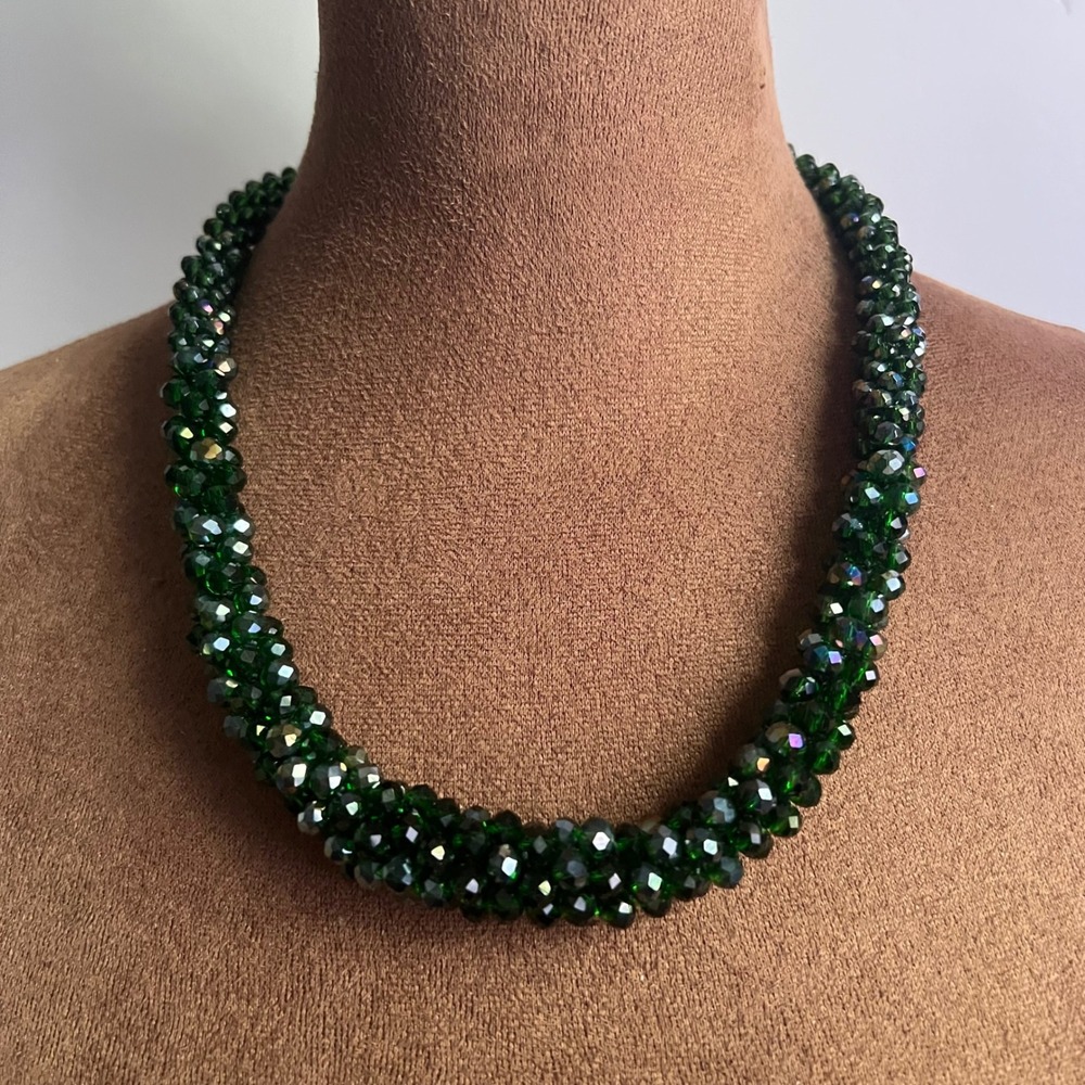 Emerald Green Beaded Crystal Statement Necklace 20-23in Adjustable Cottagecore